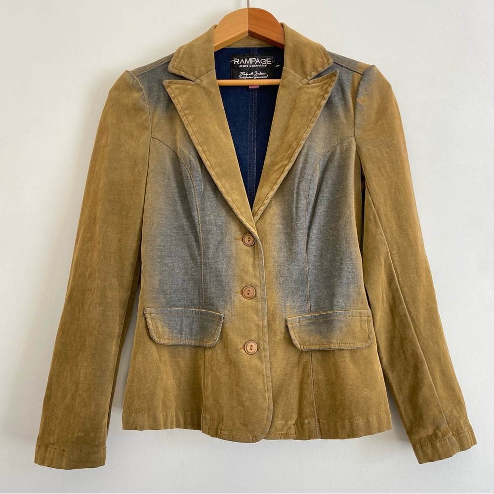 Vintage 80s 90s Y2K Rampage Burnout Tan Faux Suede Denim Blazer Jacket Size S